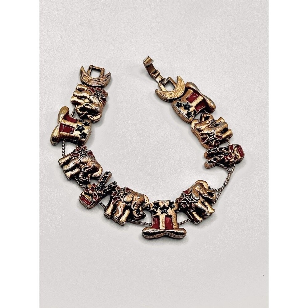 Vintage Patriotic Republican Charm Bracelet Elephants Uncle Sam Hats Peace Signs